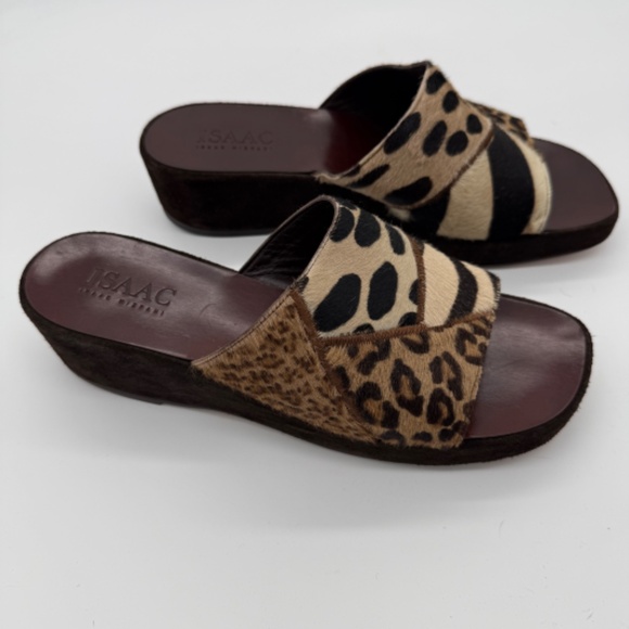 Vintage Isaac Mizrahi Italy Animal Print Fur Wedge Slides 10B Suede Leather Y2K - Picture 2 of 8